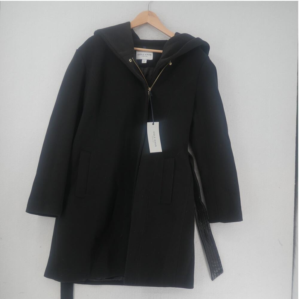 NEW Cole Haan Women's 14 Belted Hooded Long Coat Black Gold Zipper